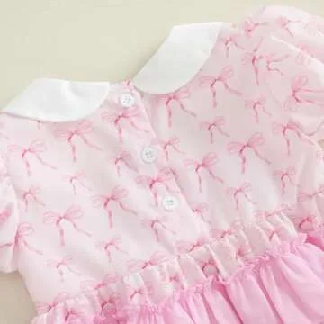 Filgriox Newborn Baby Girl Romper Bow Embroidery Peter Pan Collar Short Sleeve Bubble Bodysuit Summer Clothes (Light Pink, 3-6 Months)