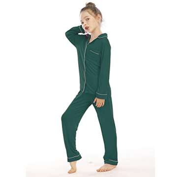 Veseacky Dark Green Button Down Knit Pajama sets Boys Christmas Pajamas for Kids Long with Classic Notched Collar 10-12 Years