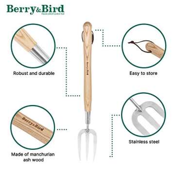 Berry&Bird Gardening Hand Fork, 22.6 Inches Long Handled Stainless Steel Weed Fork, Traditional Garden Hand Fork Tool with Ergonomic Ash Wood Handle for Weeding, Digging, Planting and Cultivating
