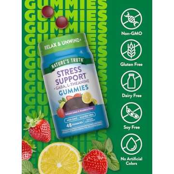 Nature's Truth Stress Relief Gummies for Adults | with Gaba, L Theanine, and Lemon Balm | Lemon Strawberry Flavor | Non-GMO & Gluten Free Supplement