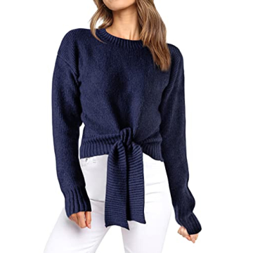 Okiwam Women's Fashion Wrap Crew Neck Cropped Sweater Long Sleeve Solid Slim Fit Belted Pullover Rib...
