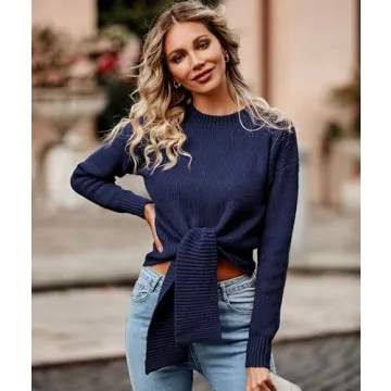 Okiwam Women's Fashion Wrap Crew Neck Cropped Sweater Long Sleeve Solid Slim Fit Belted Pullover Ribbed Knit Sweater Tops Navy