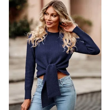 Okiwam Women's Fashion Wrap Crew Neck Cropped Sweater Long Sleeve Solid Slim Fit Belted Pullover Ribbed Knit Sweater Tops Navy