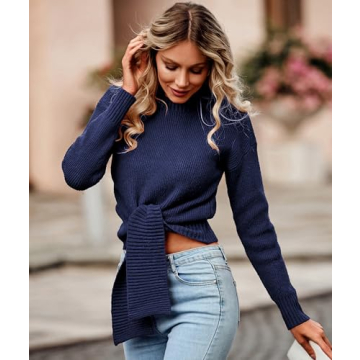 Okiwam Women's Fashion Wrap Crew Neck Cropped Sweater Long Sleeve Solid Slim Fit Belted Pullover Ribbed Knit Sweater Tops Navy