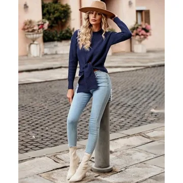 Okiwam Women's Fashion Wrap Crew Neck Cropped Sweater Long Sleeve Solid Slim Fit Belted Pullover Ribbed Knit Sweater Tops Navy