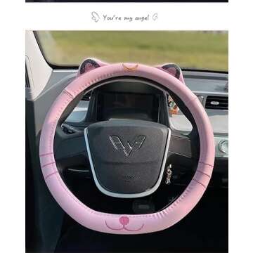 Flat Bottom Car Leather Steering Wheel Cover with Cute Diamond Cat Ears for Girls&Women,Interior Acc...