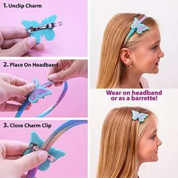 FROG SAC Charm Headbands for Girls - Kids Hair Bands with Interchangeable Clips, Thin Head Band Accessories for Children (Unicorn/Butterfly/Bow, Kids)