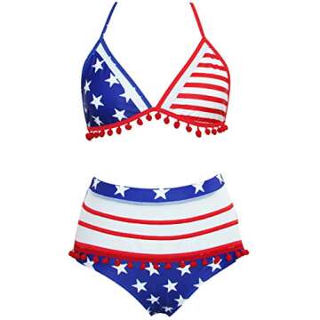 BTPEIHTD High Waisted Flounce Bikini Set,Tummy Control Swimsuits for Women Two Piece,Off Shoulder Bathing Suit (American Flag, S)