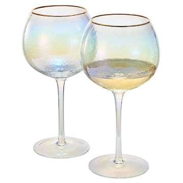 Iridescent Lustered Hammered Wine Glasses - Set of 2 - Gold Rim 20oz Colorful Balloon Stemmed Glassw...