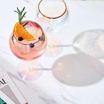 Iridescent Lustered Hammered Wine Glasses - Set of 2 - Gold Rim 20oz Colorful Balloon Stemmed Glassware - Festive Anniversaries, Birthday Gift, Cocktail Party Radiance - Unique Wine Barware