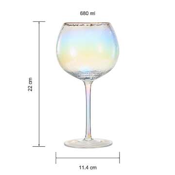 Iridescent Lustered Hammered Wine Glasses - Set of 2 - Gold Rim 20oz Colorful Balloon Stemmed Glassware - Festive Anniversaries, Birthday Gift, Cocktail Party Radiance - Unique Wine Barware
