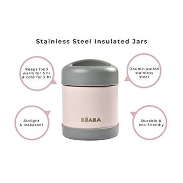 Beaba Stainless Steel Insulated Food Jar 10 oz, Kids Thermos, Lunch Containers, Leakproof, Wide Opening, Suitable for Hot and Cold Foods (Eucalyptus)
