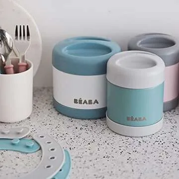 Beaba Stainless Steel Insulated Food Jar 10 oz, Kids Thermos, Lunch Containers, Leakproof, Wide Opening, Suitable for Hot and Cold Foods (Eucalyptus)