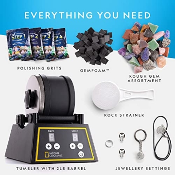National Geographic Professional Rock Tumbler Kit - Complete Rock Tumbler for Adults & Kids with Durable 2 Lb. Barrel, Rocks, Grit, and Patented GemFoam Finishing Foam Polish, Rock Polisher