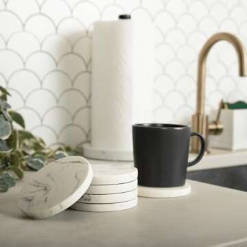 Essentra Home Set of 6 White Marble Coasters - Stylish & Functional