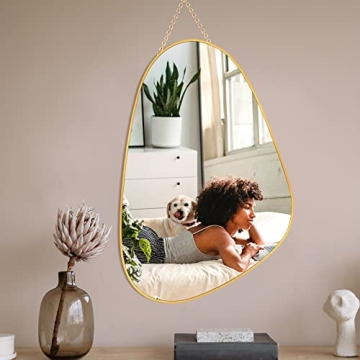 UNZIPE Irregular Gold Mirror Brass Framed, 30x20” Asymmetrical Wall-Mounted Mirrors for Living Roo...