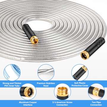 Durable 50FT Stainless Steel Garden Hose with Multi Nozzle