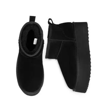 DREAM PAIRS FuzzyClassic Platform Mini Boots for Women Suede Genuine Leather, Classic Winter Ankle Snow Boots with Memory Foam Insole Lightweight Anti-Slip Outsole Outdoor,Size 5,Black,SDSB2427W