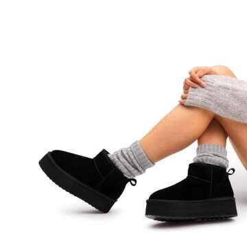 DREAM PAIRS FuzzyClassic Platform Mini Boots for Women Suede Genuine Leather, Classic Winter Ankle Snow Boots with Memory Foam Insole Lightweight Anti-Slip Outsole Outdoor,Size 5,Black,SDSB2427W