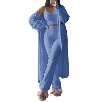 Women Sherpa 3 Piece Fuzzy Outfits Crop Tank Top High Waist Wide Pants Cover Up Fleece Lounge Sets B...