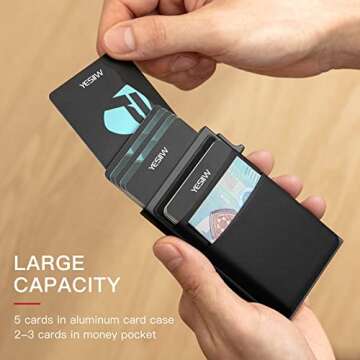 YESIIW Slim Wallet for Men - Pop up Card Holder RFID Blocking Minimalist Business Credit Card Wallet with Money Pocket Metal Card Case for Notes and Coins and Debit Cards Black