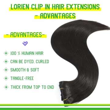 LORIEN Clip in Hair Extensions Real Human Hair, 18 Inch 100g/3.6oz, 1B Natural Black, Clip in 100% B...