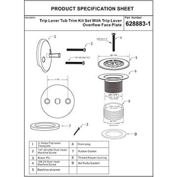 Matte Black Trip Lever Tub Trim Kit Set with Trip Lever Overflow Face Plate, No Putty Gasket,Trip Lever Bathtub Drain with Strainer, Overflow and Matching Screws, No Putty Installation by Artiwell