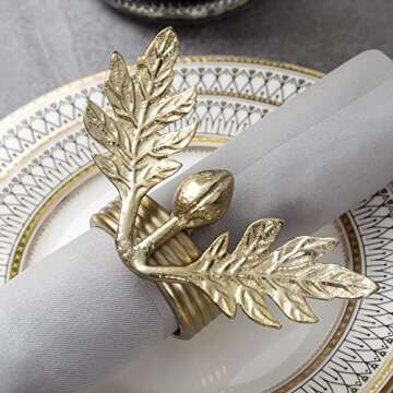 MyGift Holiday Christmas Dinner Napkin Rings, Deluxe Brass Tone Aluminum Napkin Holders with Olive Branch Design, Cloth Serviette Holders, Set of 4 - Handcrafted in India