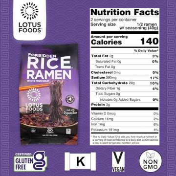 Lotus Foods Organic Forbidden Rice Ramen With Miso Soup - Gluten Free Ramen Noodles, Whole Grain Noodles, Organic Vegan Ramen, Rice Noodles, Miso Soup - 2.8 Oz Bags (Pack of 10)
