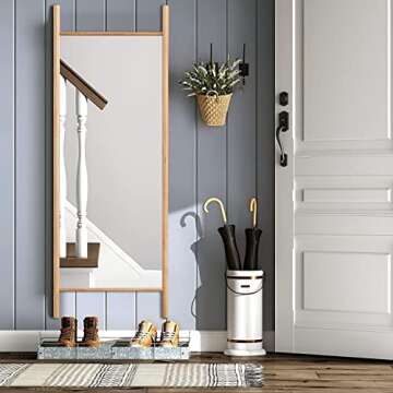 NeuType Full Length Mirror 65"x22", Rustic Leaning Ladder Floor Mirror with Wood Frame, Dressing Mirror Wall Mounted for Bedroom Living Room, Natural Wood
