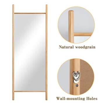 NeuType Full Length Mirror 65"x22", Rustic Leaning Ladder Floor Mirror with Wood Frame, Dressing Mirror Wall Mounted for Bedroom Living Room, Natural Wood