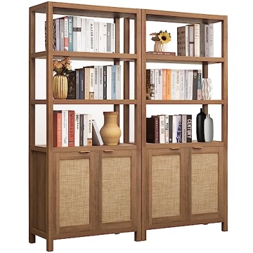 SICOTAS Bookshelf 5 Tier Book Shelf Rattan Boho Tall Bookcase with Doors Storage Wood Shelves Large ...