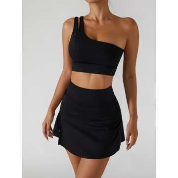 Women's Tennis Skirts Sport Bra Sets High Waisted Golf Skorts Skirt One Shoulder Sports Bra Running ...