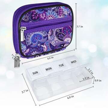 Serfeymi Weekly Travel Pill Organizer Case - 7 Day Removable Box for Vitamins & Medicine - Purple 01