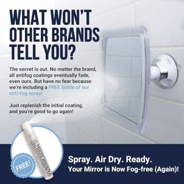 MIRRORVANA Fogless Shower Mirror for Shaving with Upgraded Suction, Anti Fog Shatterproof Surface and 360° Swivel - 6.3" x 6.3"