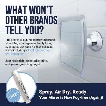 MIRRORVANA Fogless Shower Mirror for Shaving with Upgraded Suction, Anti Fog Shatterproof Surface and 360° Swivel - 6.3" x 6.3"