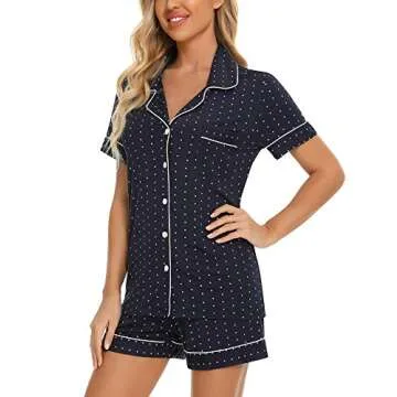 Button Down PJ Sleepwear Two Piece Pajama Short Set for Women Navy Blue With Dots Small