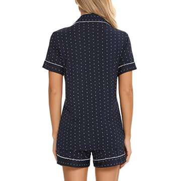 Button Down PJ Sleepwear Two Piece Pajama Short Set for Women Navy Blue With Dots Small