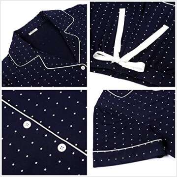 Button Down PJ Sleepwear Two Piece Pajama Short Set for Women Navy Blue With Dots Small