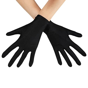 Elegant Womens Black Short Satin Stretchy Gloves for Weddings and Formal Events