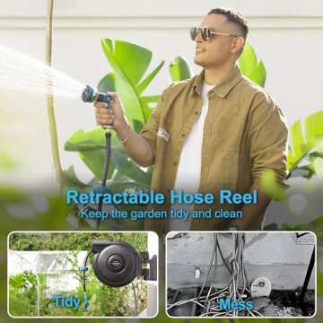 PolarcoForgeco Retractable Garden Hose Reel - 5/8 inch x 90 ft Wall Mounted Hose Reel with 10 Patter...