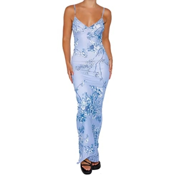 HOXIJIA Women Sleeveless Maxi Dress Backless Bodycon Floral Printed Spaghetti Strap Long Dress Hollo...