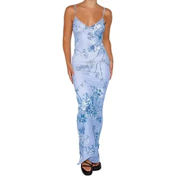 HOXIJIA Women Sleeveless Maxi Dress Backless Bodycon Floral Printed Spaghetti Strap Long Dress Hollo...