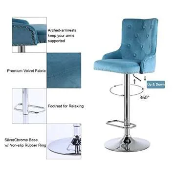 asunflower Kitchen Stool Bar Chairs Set of 4 Velvet Swivel Adjustable Height Counter Bar Stools with Back, Teal