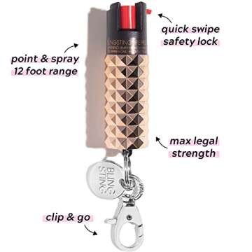 BLINGSTING Safety Kit - includes Emergency Auto Escape Seat Belt Cutter & Window Break Tool, Personal Security Alarm, and Self Defense Pepper Spray - Rose Gold