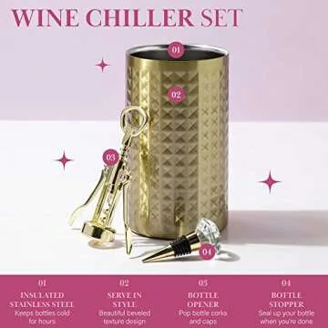 Paris Hilton Wine Bottle Chiller Set, Insulated Double Wall Chiller, Gold Winged Corkscrew Wine Bottle Opener, Diamond Wine Stopper, 3-Piece Set, Gold
