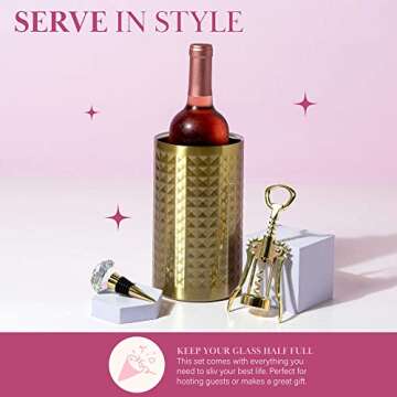 Paris Hilton Wine Bottle Chiller Set, Insulated Double Wall Chiller, Gold Winged Corkscrew Wine Bottle Opener, Diamond Wine Stopper, 3-Piece Set, Gold
