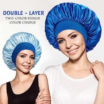 PHILIGHTS 2pcs Double Layer Two-Color Satin Silk Hair Bonnet for Sleeping Women, Reversible Sleep Bonnets for Women, Wide Band Sleep Cap for Curly Hair Braids
