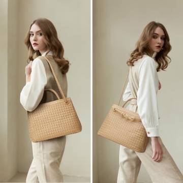 Woven Bag for Women Shoulder Purse: Vegan Leather Handbag - Handmade Tote Bag - Elegant Satchel Bag with Bowknot (Large, Apricot)