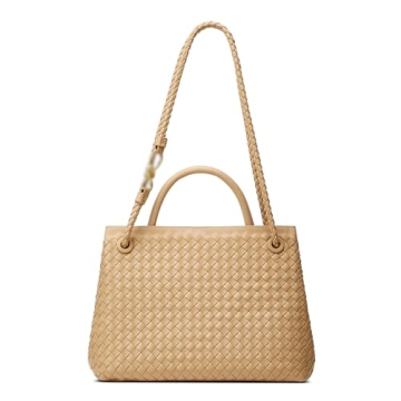 Woven Bag for Women Shoulder Purse: Vegan Leather Handbag - Handmade Tote Bag - Elegant Satchel Bag with Bowknot (Large, Apricot)